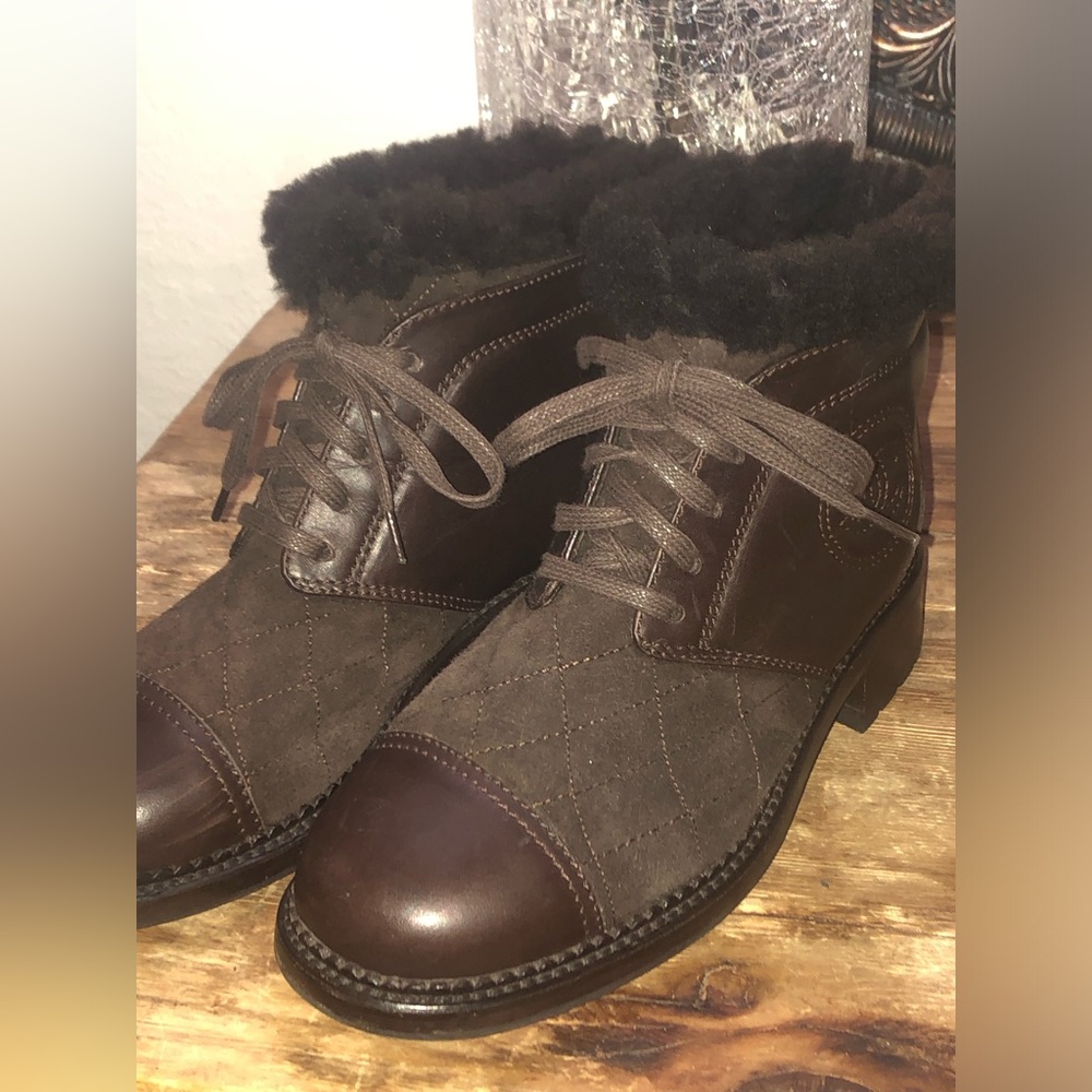 Chanel Brand Boot Shoe Brown Fur Laced up Quilted Pattern